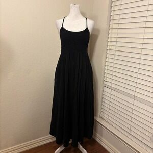 black cotton linen smocked pleated halter tie maxi dress Miou Muse size M